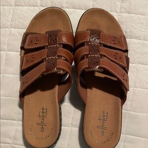 Clarks Tan Leather Slide Sandals